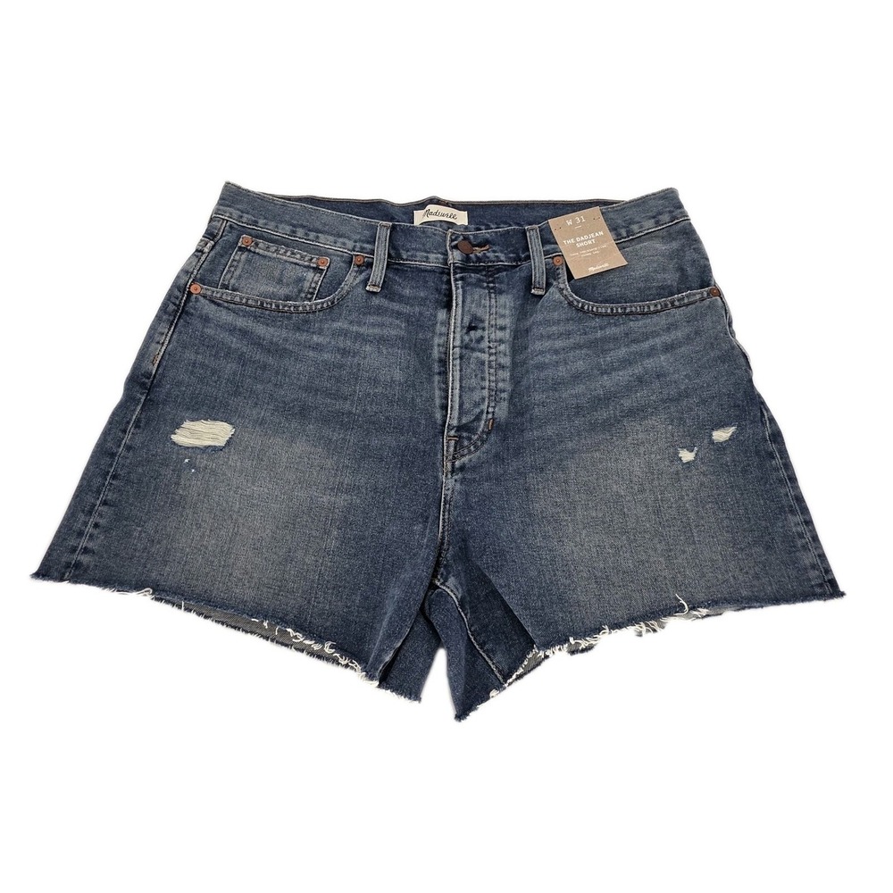 Madewell Dadjean Jean Short Womens 31‎ Raw Hem Medium Wash Distressed Blue Denim